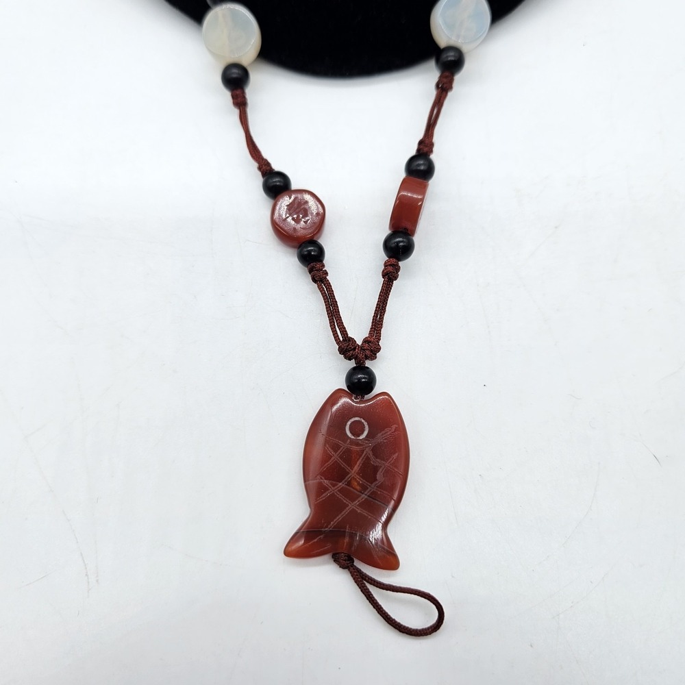 Chinese Good Luck Jade Stone Koi Fish Necklace Feng Shui 32" Adjustable Rope